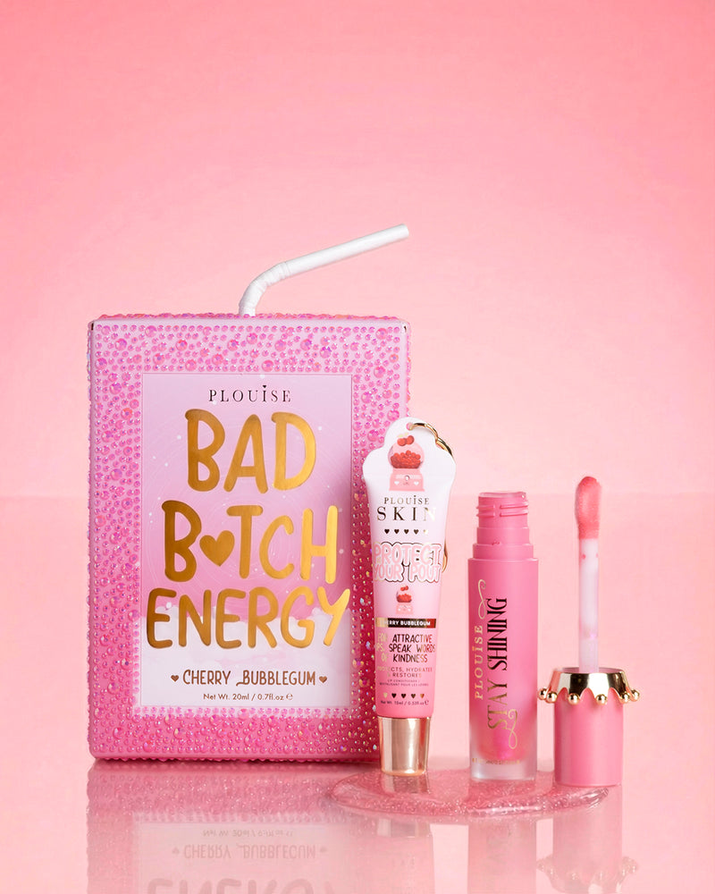 Pink P.Louise cristal sclipici bad bitch energy duo de buze în bubblegum cireșe, cu ulei de buze lucios și balsam de buze
