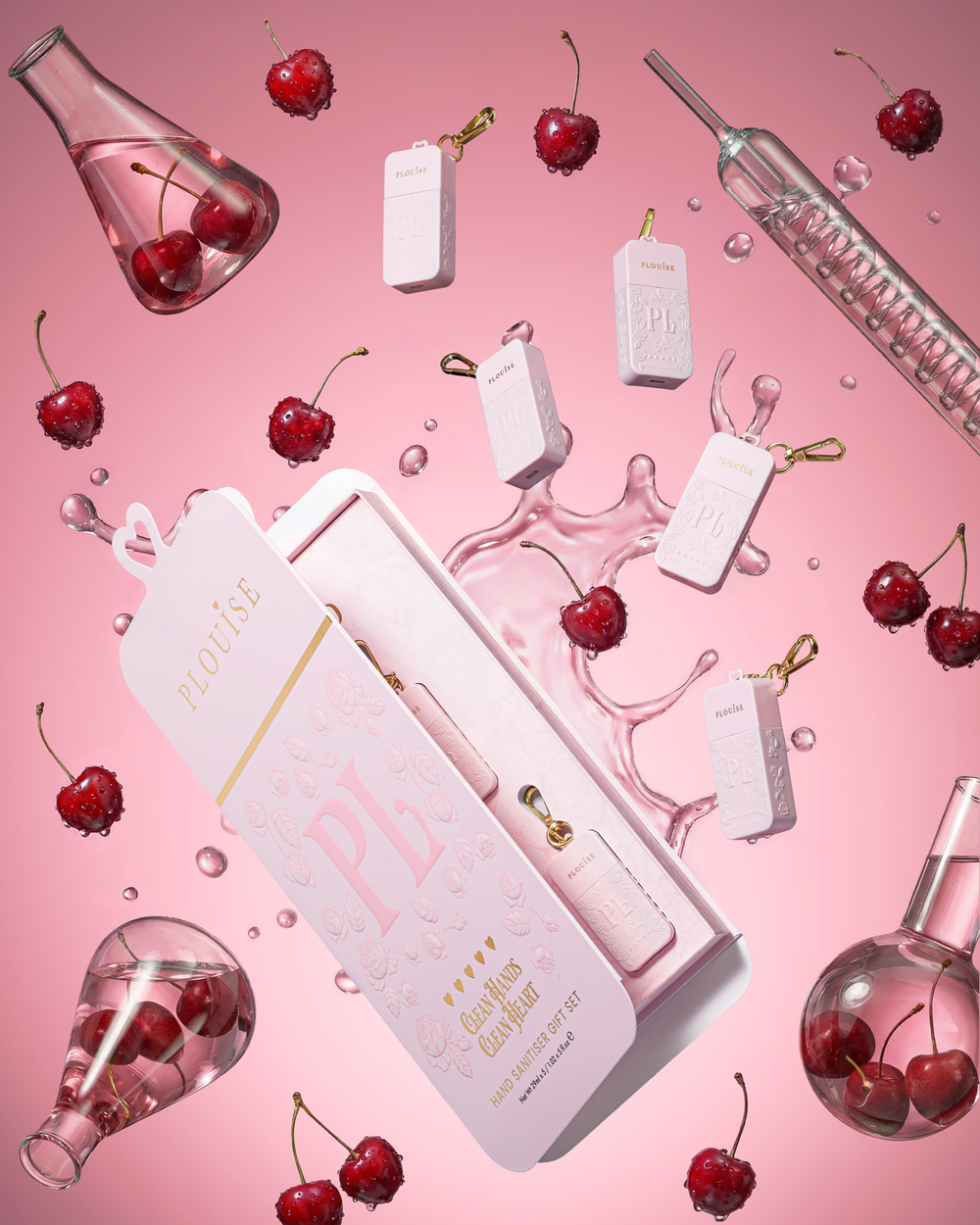 Set cadou cutie PR uriașă, roz, care conține 5 spray-uri de dezinfectant pentru mâini roz P.Louise în diverse arome de cireșe