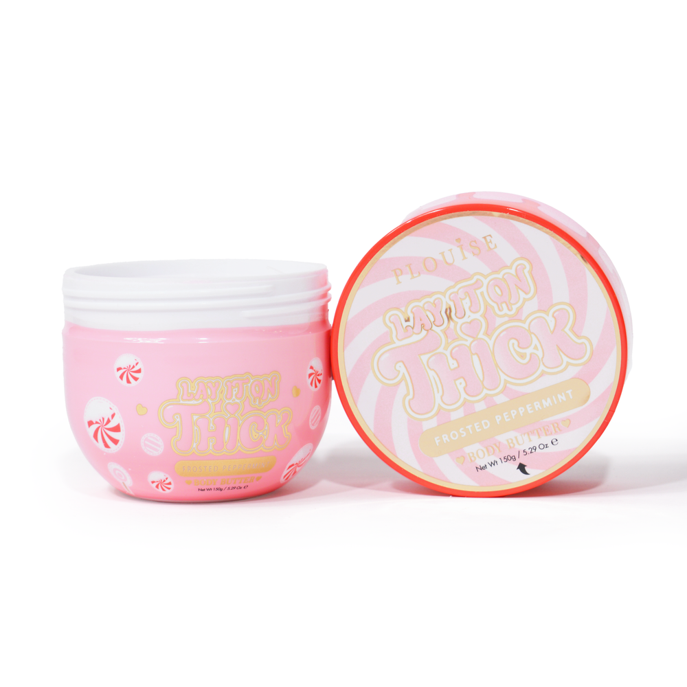 Tub of P. Louise 'Lift It On Thick' frosted peppermint body butter on a white background