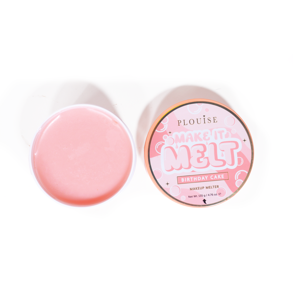 Deschideți cuva de balsam de curățare pentru machiaj P. Louise Make It Melt cu parfum de portocaliu pe fundal albastru