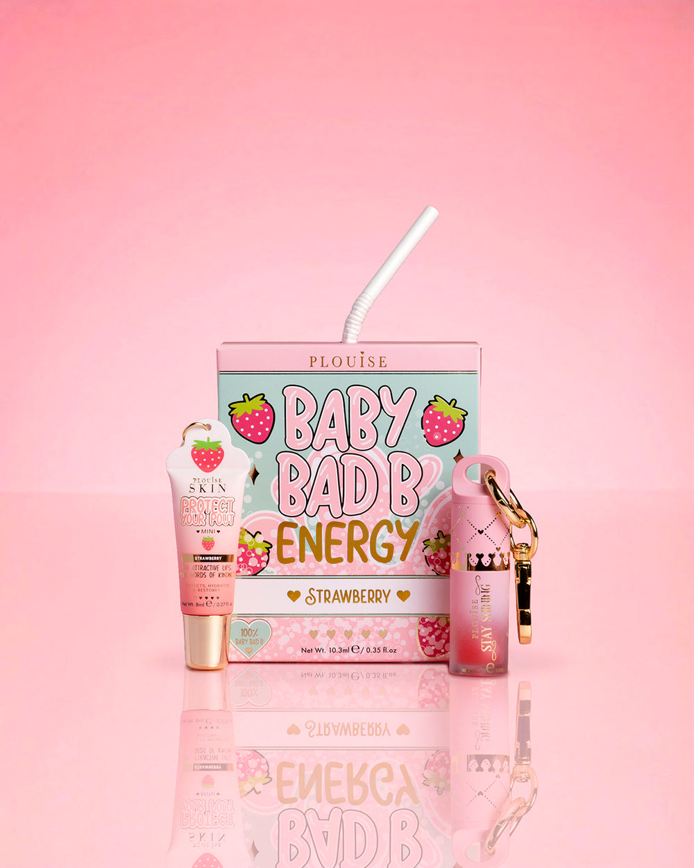 P.Louise Strawberry Baby Bad B Mini Lip Oil & Mini Lip Conditioner pe fond roz