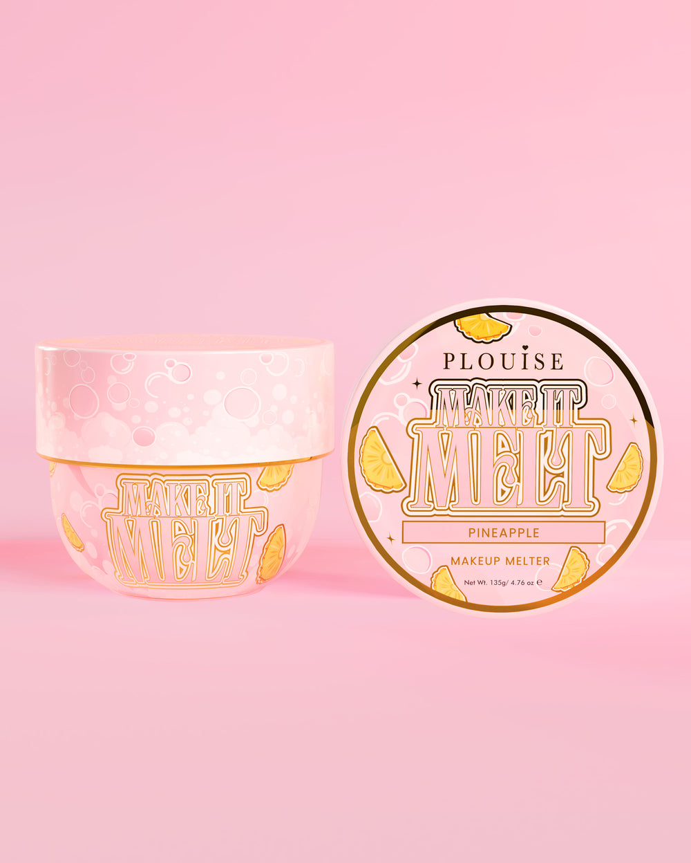 Tub de balsam de curățare pentru machiaj P. Louise Make It Melt cu aromă de ananas pe fond roz