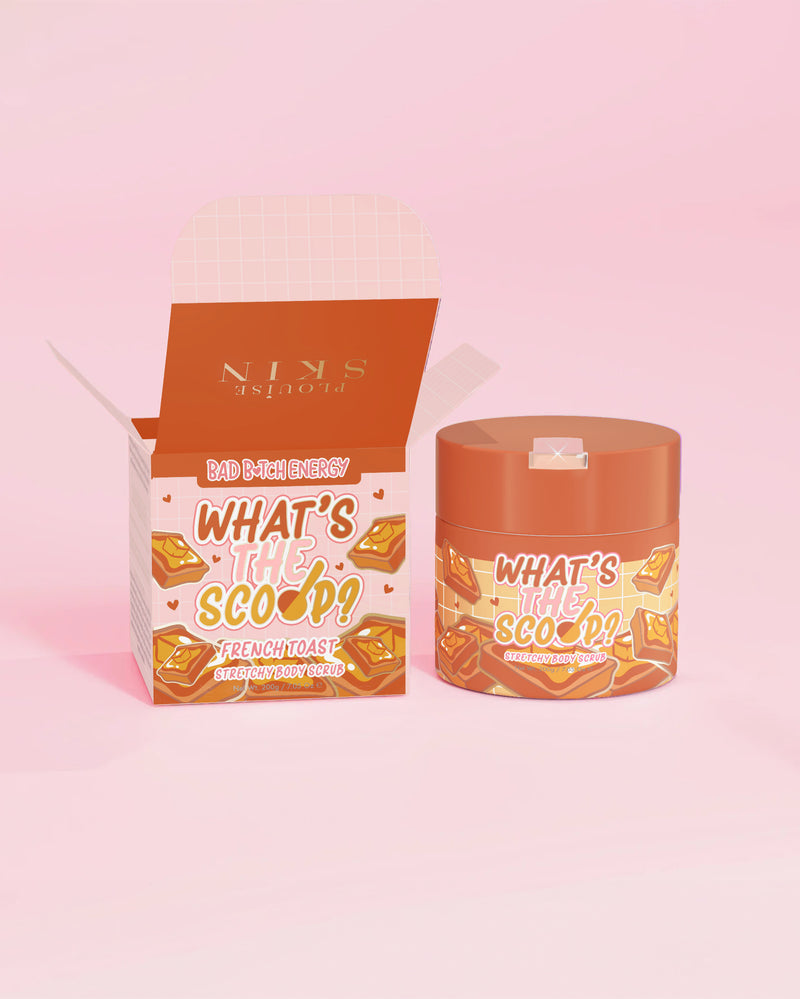 P.Louise „Ce este Scoop?” exfoliant de corp elastic cu parfum de pâine prăjită franceză cu un ambalaj cu design de pâine prăjită pe un fundal roz