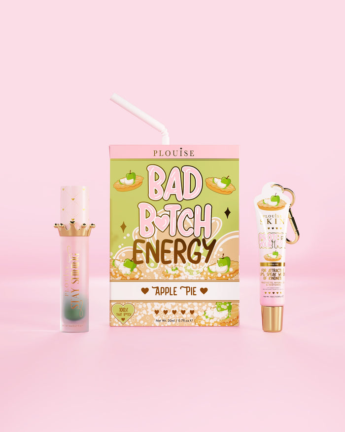 O plăcintă cu mere Bad Bitch Energy de P.Louise, cu un balsam și ulei de buze