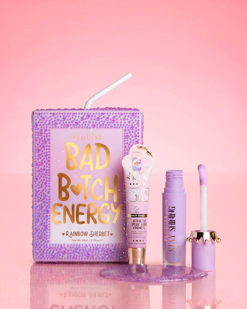 Purple P.Louise cristal sclipici bad bitch energy duo de buze în șerbet curcubeu, cu ulei de buze lucios și balsam de buze
