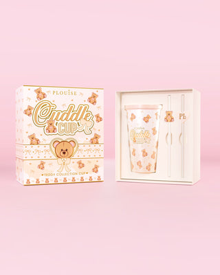 Image of the P.Louise Teddy Bear Steel Cuddle Cup Tumbler & Straw in packaging with a teddy print design