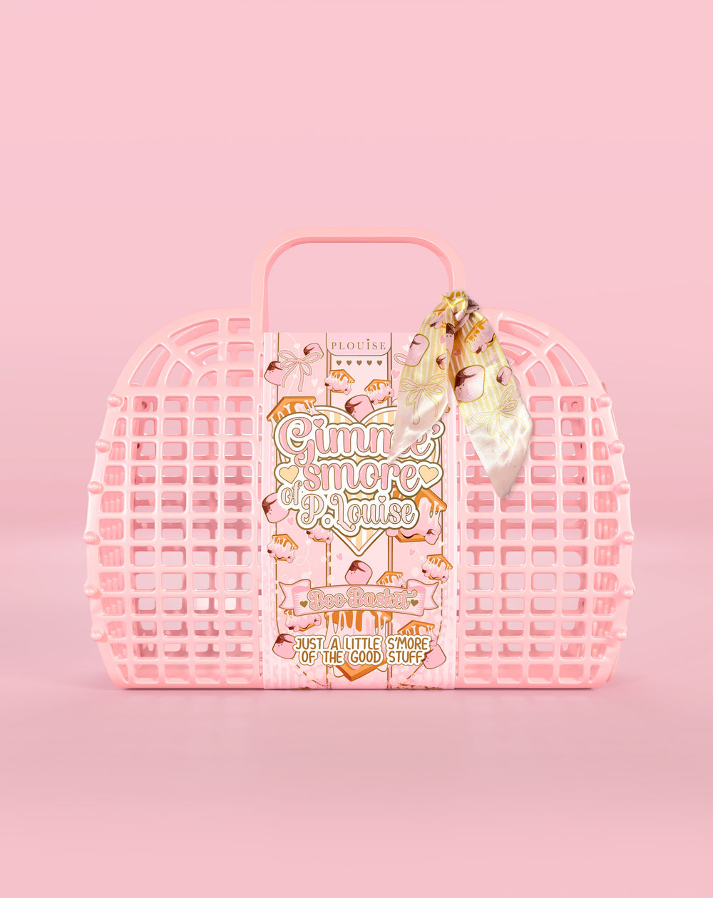 Pink waffle-style boo basket with a product inside on a pink background