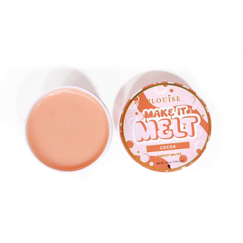 Deschideți cuva de balsam de curățare pentru machiaj P. Louise Make It Melt cu parfum de cacao pe fundal alb
