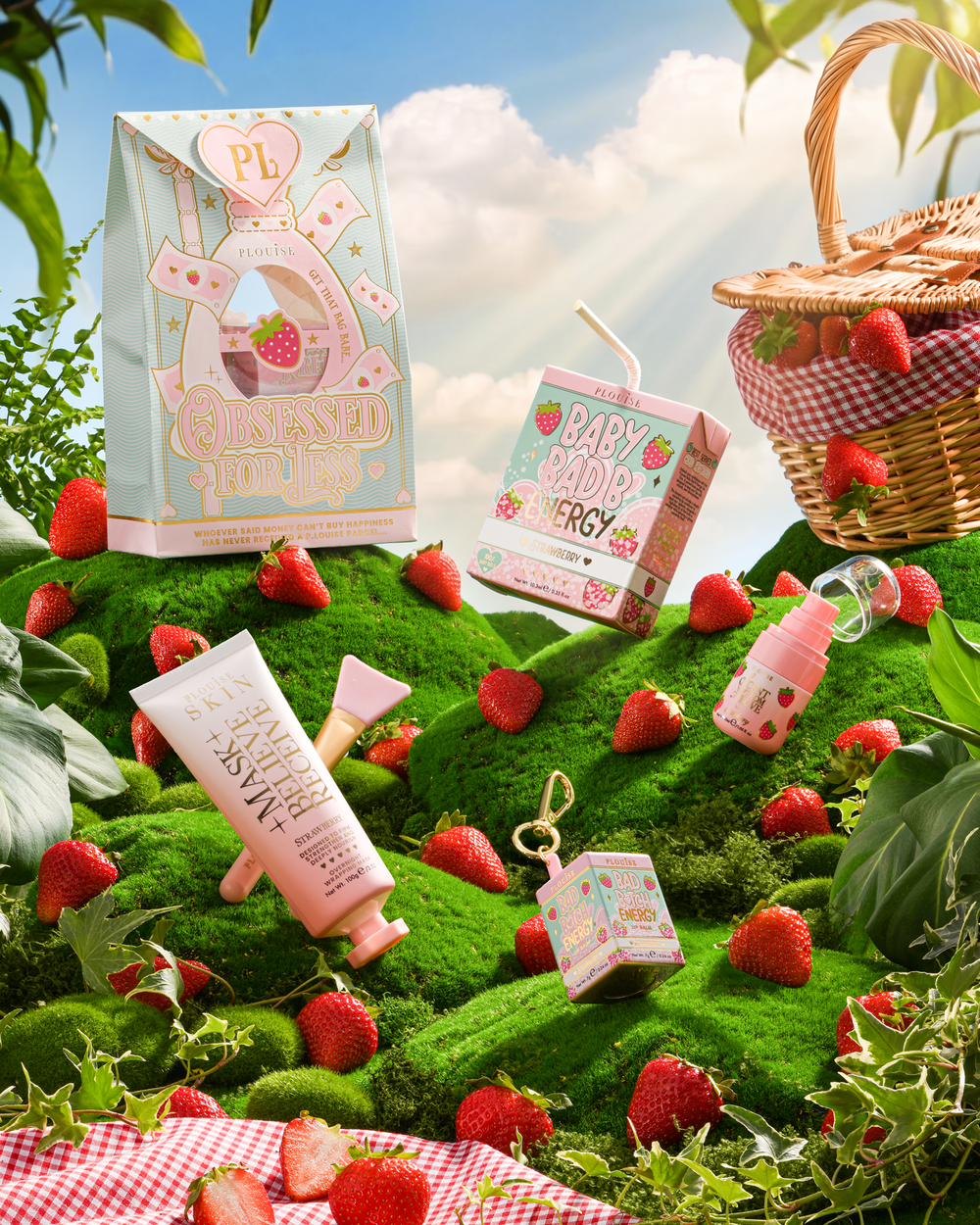 Colecția completă Strawberry P.Louise Obsessed For Bad Bitch pe un deal înierbat înconjurat de căpșuni