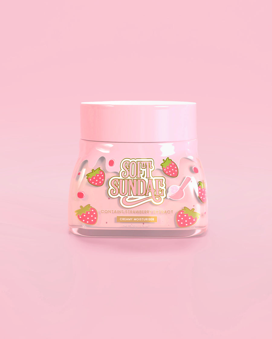 Pink jar of P. Louise soft sundae ice cream whipped moisturiser on a pink background