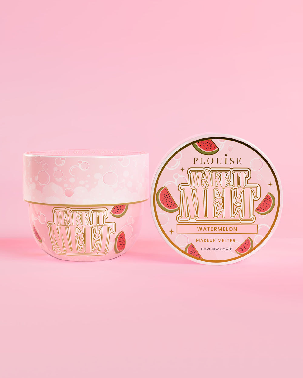 Tub de balsam de curățare pentru machiaj P. Louise Make It Melt în pepene verde pe fundal roz