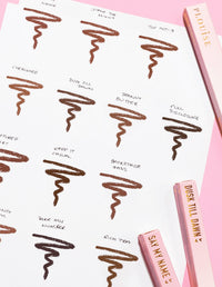 O imagine a unei bucăți de hârtie cu mâzgăli pe care arată fiecare nuanță și nume P.Louise Ultimate Definition Sharpenable Lip Liner